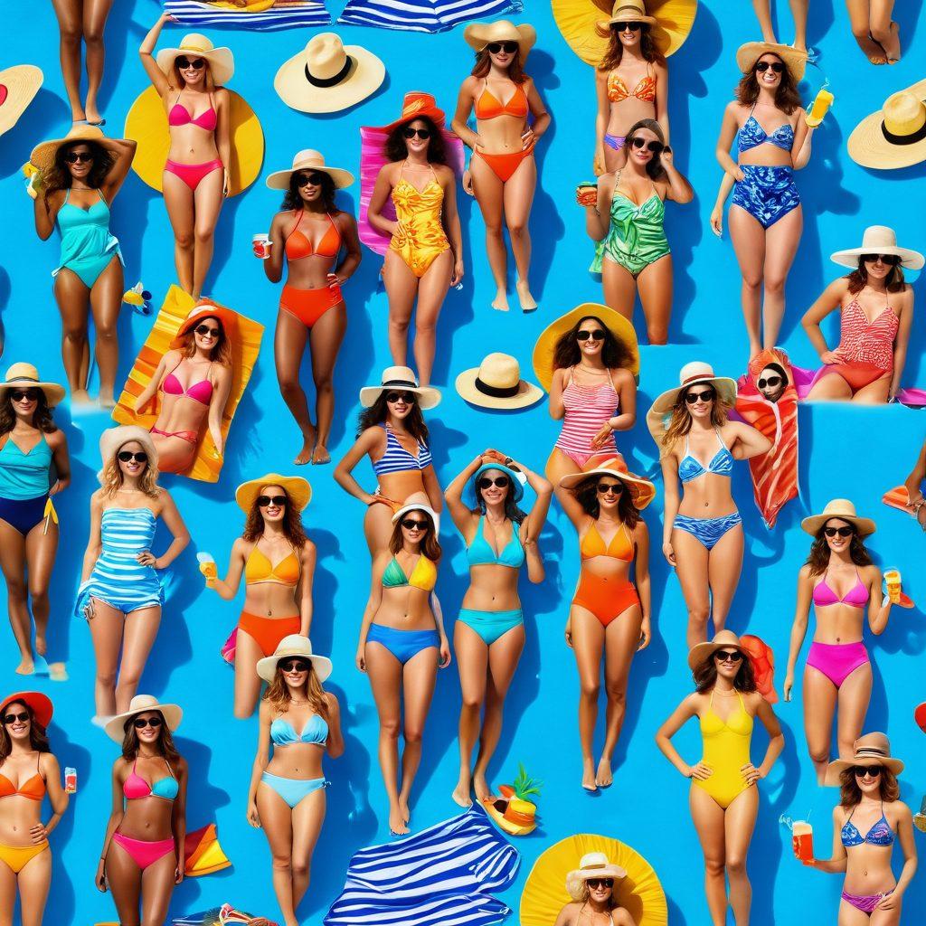 A sunny beach scene featuring a diverse group of fashionable women confidently showcasing vibrant two-piece swimsuits, accessorized with stylish sunglasses and beach hats. Surround them with colorful beach towels, tropical drinks, and sunbathing essentials, capturing a joyful and carefree atmosphere. The backdrop should include gentle waves and a clear blue sky. lively and fresh. vibrant colors. super-realistic.